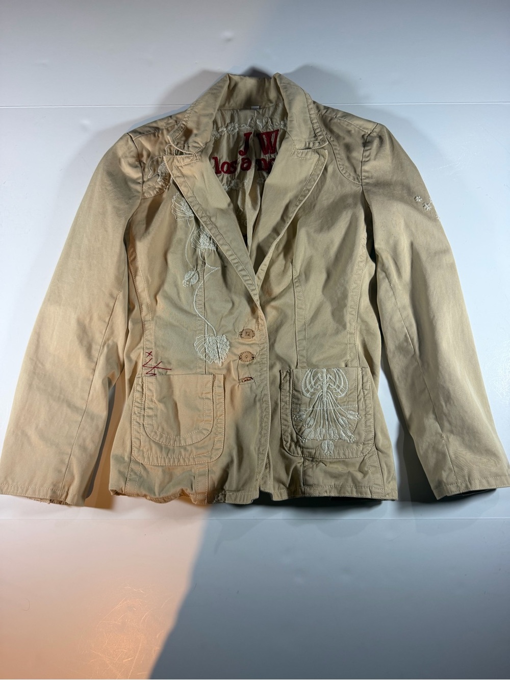 Johnny Was Beige Embroidered Cotton Blazer